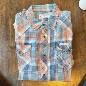 True Religion Blue and Orange Plaid Button-Down Shirt